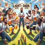 DALL·E 2024-01-04 10.36.33 - A playful and imaginative interpretation of a Light vs. Dark Beer Battle. The scene depicts two groups of people, each championing a type of beer. O.png